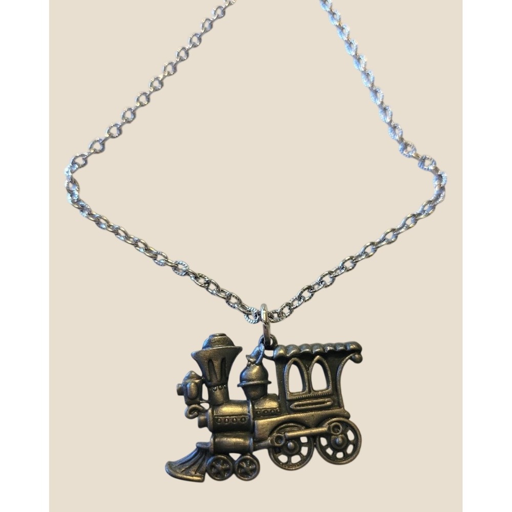 JJ Jonette Jewelry Train Locomotive Pendant Necklace Vintage Pewter Tone Silver